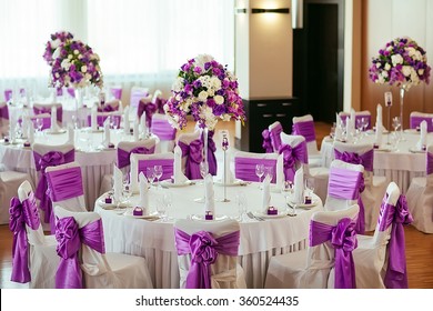 Table set for wedding or another catered event dinner. 