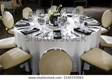Table set for wedding or another catered event dinner.