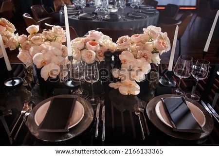 Table set for wedding or another catered event dinner.