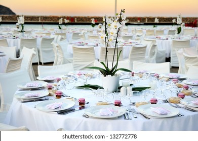 Table Set Up For A Wedding Ceremony On Beach Resort