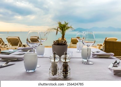 Table Setting At Beach Restaurant.