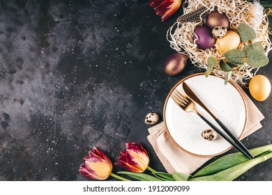  Table Setting For Celebrating Easter, Top View, Free Space For Text