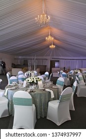 Table Setting Decoration At A Gala Dinner Corporate Formal Event Banquet White Green And Grey With Roses And Chandelier