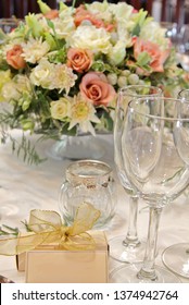 Table Setting Decoration At A Gala Dinner Corporate Formal Event Banquet Pink White And Gold