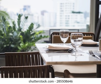 Table Setting Dinner Restaurant Dining With Garden Skyline View