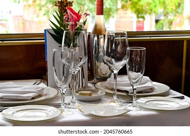 Table Setting For Dinner In A Vintage Carriage Of A Luxury Train. No People.