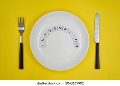 Table Setting With An Empty Plate, Information And News Consumption By The Public Or Consumers - Information On Yellow Background