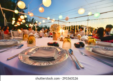 Table Setting For An Event Party Or Wedding Reception At The Beach