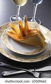 Table Setting For Fine Dining Or Party. Cutlery And Plate Set Up For Wedding Celebration