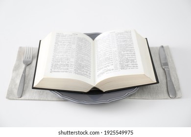 Table Setting With Holy Bible On White Background. Great Lent Season