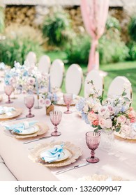 Table Setting At A Luxury Wedding Reception. Outdoor Wedding