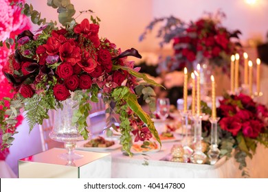 Table Setting At A Luxury Wedding Reception. Beautiful Flowers On The Table.