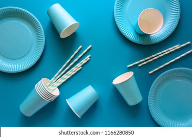 Table Setting With Paper Ware For Summer Picnic Or BBQ. Top View. Flat Lay.