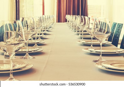 Table Setting In The Restaurant. Banquet, Dinner Party. Wedding