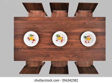 Table solid wood and plates top view on wooden table background - Shutterstock ID 396342382