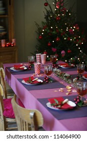 Table Spread And Decorated For Christmas