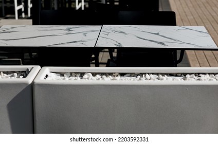  Table Of Street Restaurant. Empty Outdoor Cafe. No Person