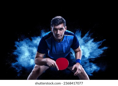 Table tennis player cover. Ping pong. Download a photo of a table tennis player for a tennis racket packaging design. Image for tenis ball box template.