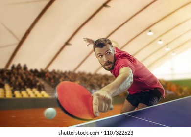 The table tennis player in motion. Fit young man in game on sport arena background. Movement concepts. Professional. Human emotions, facial expression