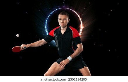 Table tennis player. Ping pong. Download a photo of a table tennis player for a tennis racket packaging design. Image for tennis ball box template.