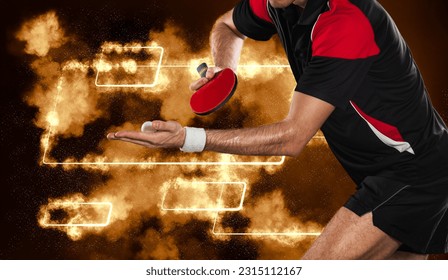 Table tennis player. Ping pong closeup banner. Download a photo of a table tennis player for a tennis racket packaging design. Image for tennis ball box template.