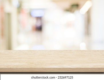 Table Top Background For Product Display, Wooden Table, Counter Over Blur Store With Bokeh Light Background, Blank Top Wood Shelf Surface And Blur Cafe Shop For Food Banner, Mockup, Template