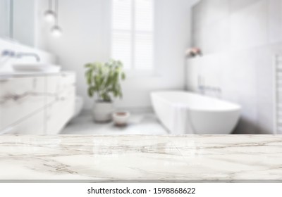 Table Top And Blur Bathroom Of The Background
