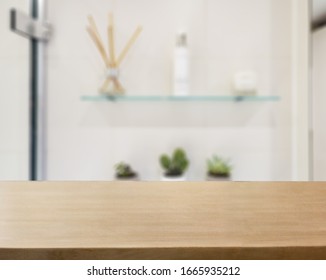 Table Top And Blur Bathroom Of The Background