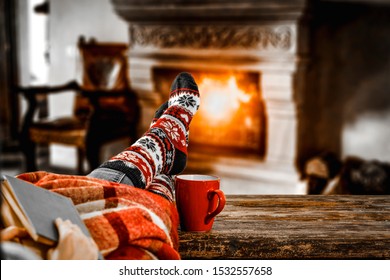 Table Top With Blurred Fireplace And Cosy Home Interior Background.