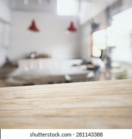 Table top counter bar display with Blurred kitchen Interior background