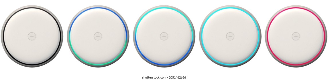 Table Top Photo Of Smart Home Voice Assistant Speaker Responding To Different Commands On White Background. Led Light Moves Around On A Voice Command Device.