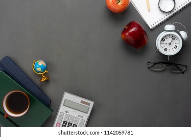 Table Top View Aerial Image Of Decorations Education For Back To School Mock Up Background Concept.Flat Lay Of Variety Objects Apple & Stationary On Modern Rustic Black Wooden With Copy Space Add Text