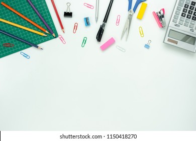 Table Top View Aerial Image Of Back To School Of Education Season Background Or Business Office Desk Concept.Flat Lay Essential Objects For Learning Or Working On Modern Rustic White Wooden Plank.