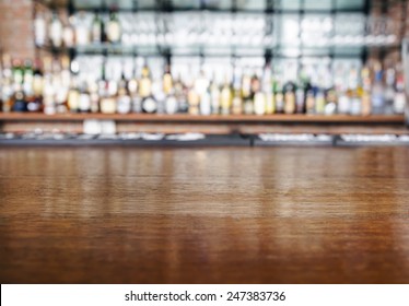 Table Top Wooden Counter Blur Bar Background