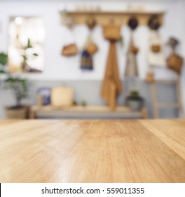 Table Top Wooden Counter Blurred Kitchen Background Natural Country Cottage Style