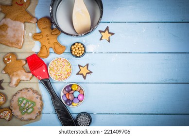 Table View Of Decorating Christmas Gingerbread Man Cookie