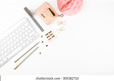 Table view office items, white background mock up, woman desk.
Flat lay. - Shutterstock ID 305382710