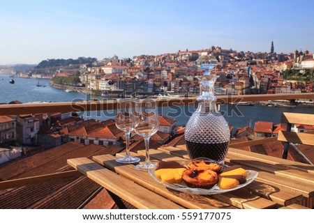 Table with view a wonderful view over the river in Porto, Portugal. Stock foto © 