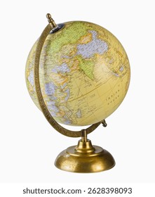 Globo del mundo de la tabla aislado en el fondo blanco. El globo amarillo Mostrando desde atrás. El país tropical cálido de papúa nueva guinea, Indonesia, Malasia y Australia.