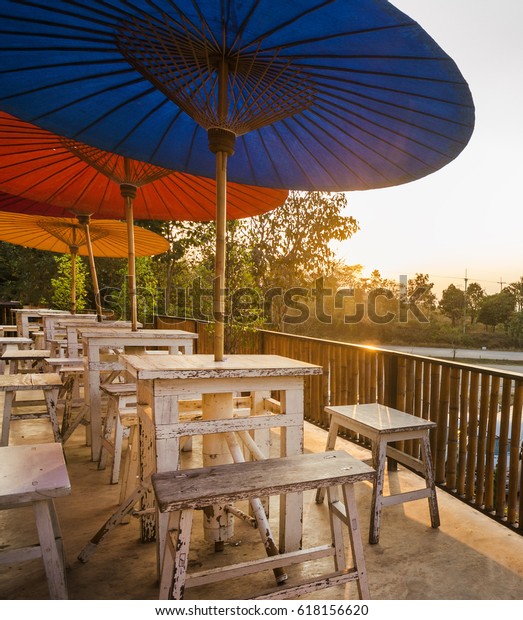 Tablechairs Umbrella Terrace Cafeoutdoor Cornerretro Cafe Stock