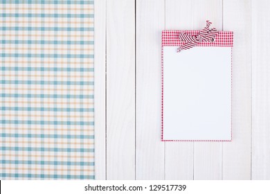 Tablecloth, Recipe Cook Book On White Wood Background