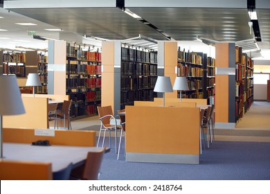Tables and chairs in an empty library