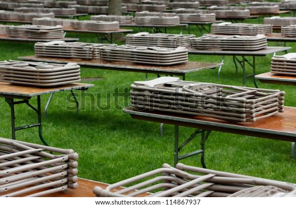 Tables Chairs Neatly Stacked On Lawn Stock Photo Edit Now 114867937