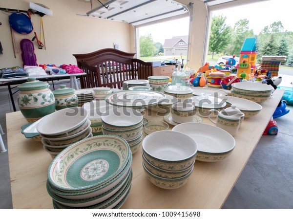 Tables Full Dishes Toys Childrens Clothing Stock Photo Edit Now