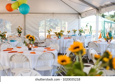 Tables Set Up For A Dinner Event. 