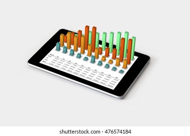 A tablet with a 3D chart coming out of it and a spreadsheet table with figures. Table contains sales figures from different departments over a nine year period. 