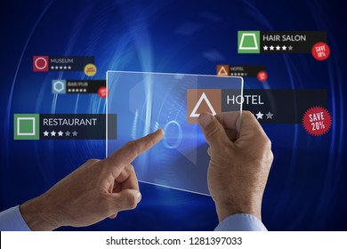 Tablet with Applications  against futuristic black background with circles - Powered by Shutterstock