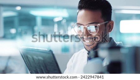 Tablet, Asian man or scientist with research in laboratory for a chemistry report or medical test feedback. Happy, person reading or science update for online medicine development news on website