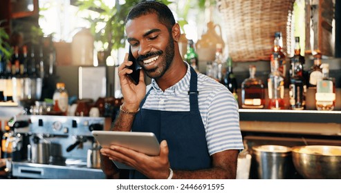 Tablet, bartender and black man on cellphone call, conversation and order alcohol stock, store delivery or inventory. Restaurant checklist, phone and business owner consulting on drinks supply chain - Powered by Shutterstock