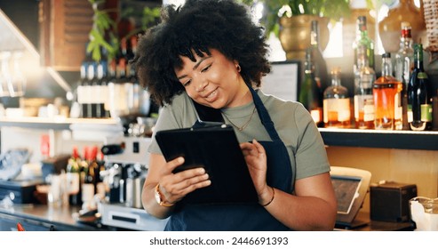 Tablet, bartender and happy woman on cellphone call, discussion and order alcohol stock, store delivery or distribution. Commerce, phone and small business owner consulting on drinks supply chain - Powered by Shutterstock